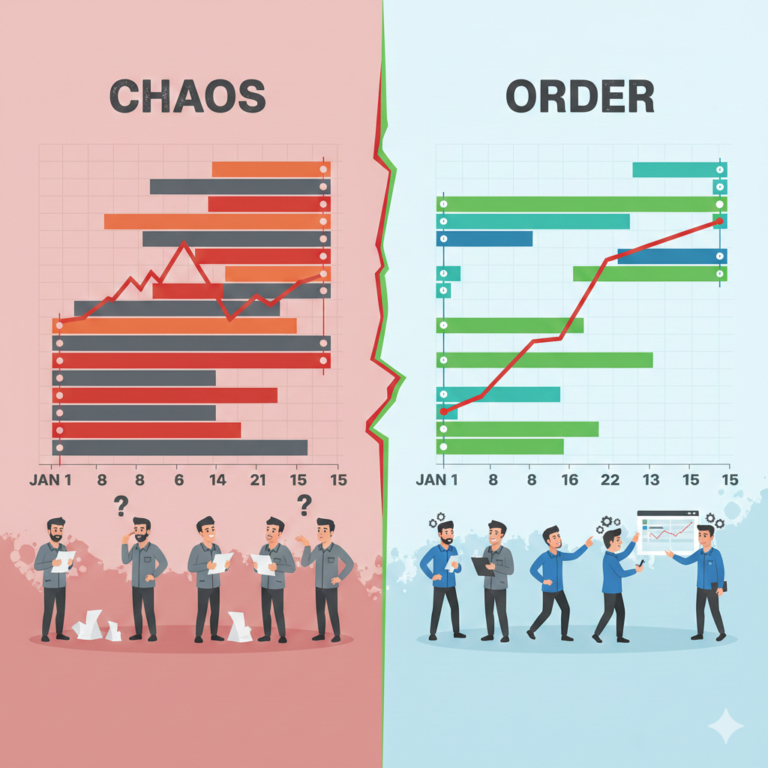 Professional split-screen Gantt chart for planning and scheduling construction projects showing chaotic delays vs organized critical path timeline