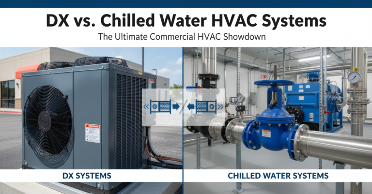 Conceptual image comparing Direct Expansion (DX) and Chilled Water HVAC systems. Features dual industrial icons: one side representing refrigerant piping (DX) and the other representing chilled water circulation components.
