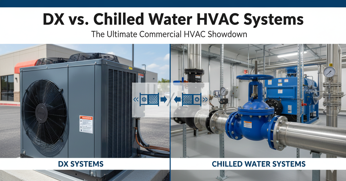 Conceptual image comparing Direct Expansion (DX) and Chilled Water HVAC systems. Features dual industrial icons: one side representing refrigerant piping (DX) and the other representing chilled water circulation components.