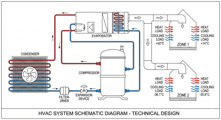 Professional HVAC systems fundamentals schematic showing compressor, condenser, evaporator, expansion device, ductwork, and thermal load indicators for complete system design overview.