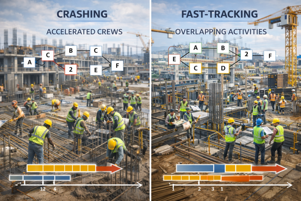 Learn schedule compression techniques in construction. Compare crashing vs fast-tracking with formulas, case studies, tools, examples, and real project strategies.