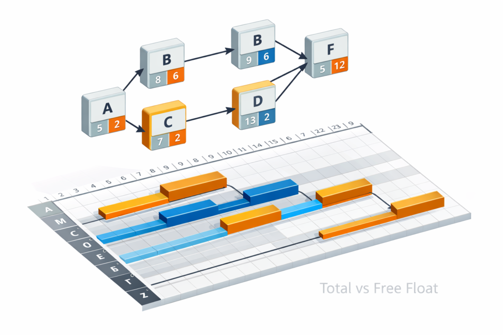 Master float calculation methods like total float vs free float in construction CPM. 