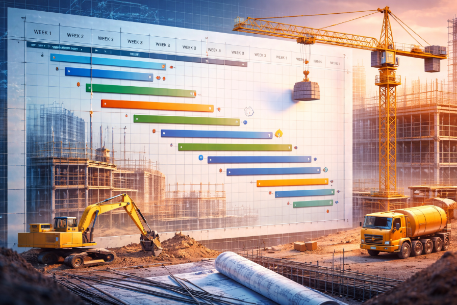 Construction Gantt chart with building site overlay Baseline schedule development